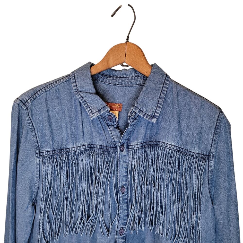 NWT Scully Womens Blue Denim Fringe Button Down Long Sleeve Shirt Large Western - Picture 2 of 10